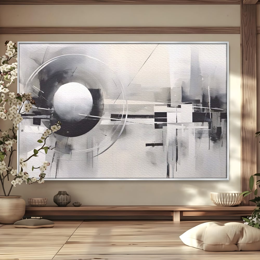 Tablou canvas cu pictura abstracta cu sfera si cercuri, in rama de aluminiu argintiu